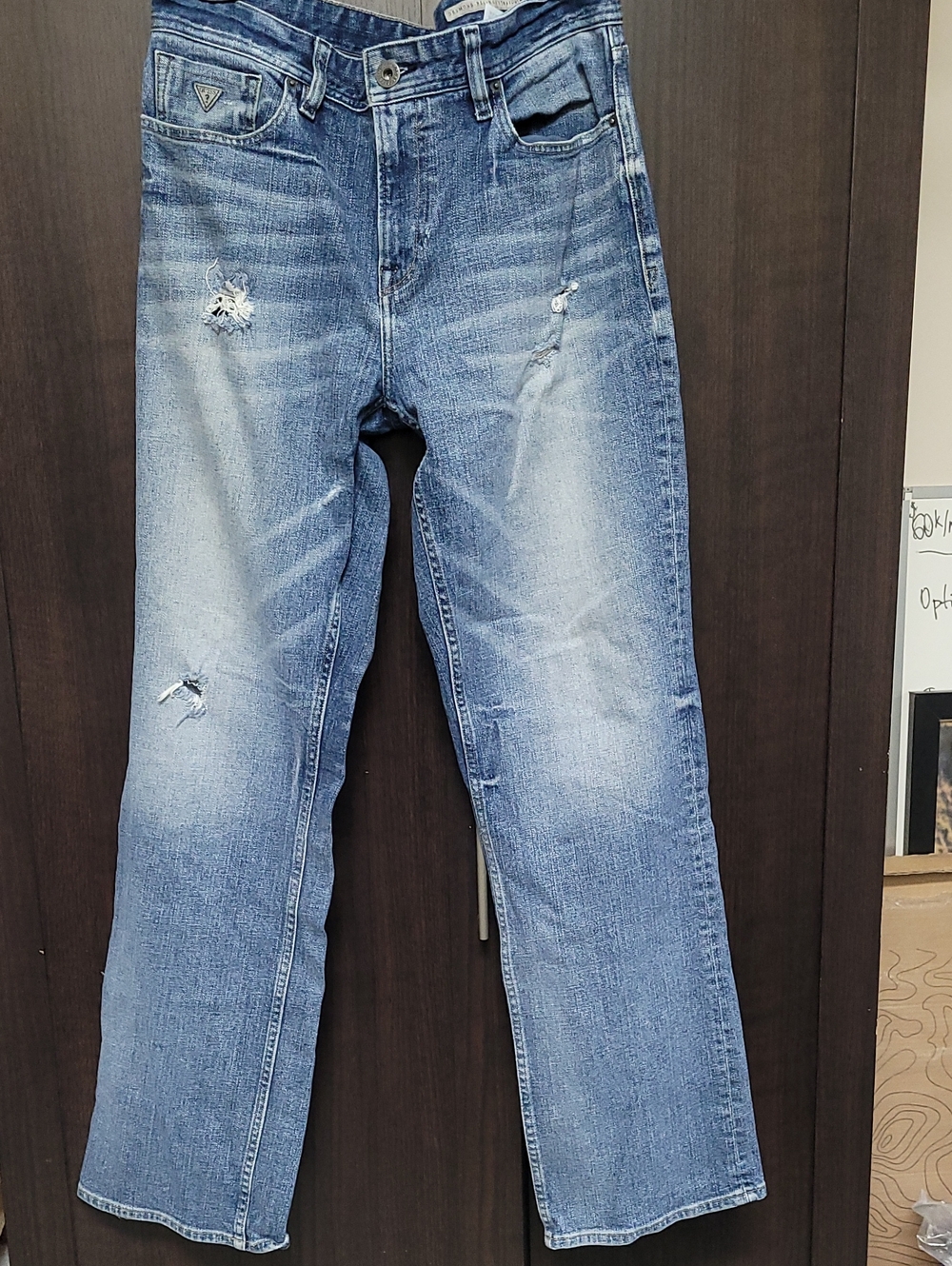 Guess Men's Light Blue Straight Jeans with Distressed Accents